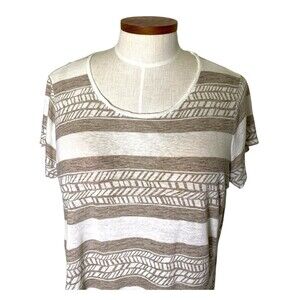 Lucky Brand 2X Linen Top Round Neck Tee White Pale Tan Aztec Print 50” Chest